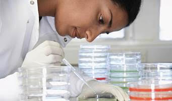 A picture containing a female scientist in a lab
